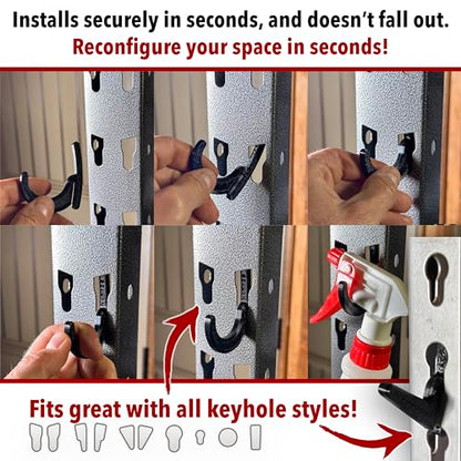 Heavy Duty Plastic L-Hooks and J-Hooks for Garage Shelving, Compatible with Keyhole Slots, UV-Resistant, 40 lbs Load Capacity (15, White L-Hook and J-Hook Assortment)