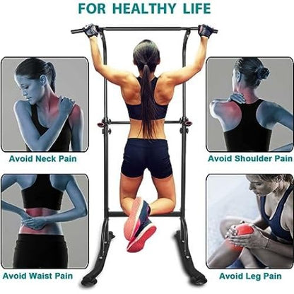 Power Tower Workout Station, Height Adjustable 66.5"-82.7" Multi-Function Dip Stand with 330 LBS Capacity, Pull Up Bar for Home Gym Strength Training, Heavy Duty Steel Frame, Black