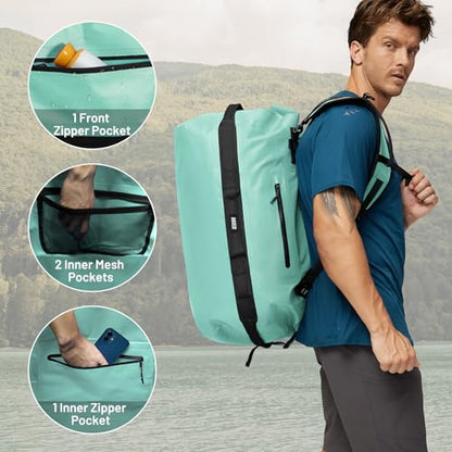 MIER Large Waterproof Duffel Bag - 60L/80L Dry Bag Backpack | Detachable Backpack Straps; Multi-Pockets; Roll-Top with Hook-and-Loop Closure; Motorcycle, Kayaking, Gym, Beach, Boating - color: Green, size: 80L