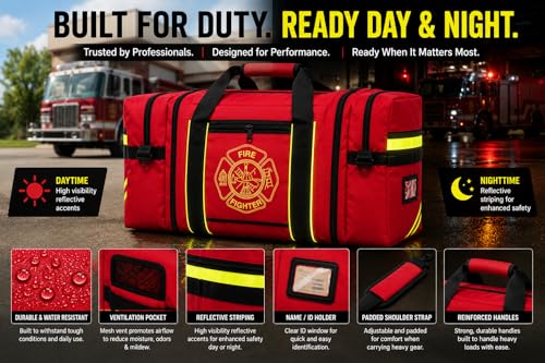 Firefighter Turnout Gear Bag – Heavy Duty Fire Resistant Equipment Duffel with Ventilation Pocket, Reflective Striping, Name Holder & Padded Shoulder Strap – Fireman Gear Bag (Red)