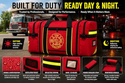 Firefighter Turnout Gear Bag – Heavy Duty Fire Resistant Equipment Duffel with Ventilation Pocket, Reflective Striping, Name Holder & Padded Shoulder Strap – Fireman Gear Bag (Red)