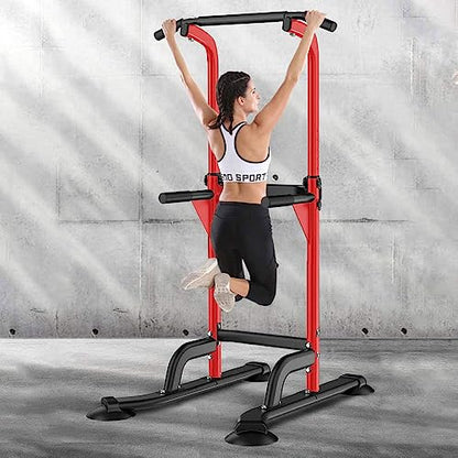 SogesHome Multi-Function Power Tower Pull Up Bar Dip Station for Home Gym | Height Adjustable PullUp Dip Stand, Full Body Strength Training Equipment, Fitness Workout for Push Ups Dips, 330LB Capacity - color: Red