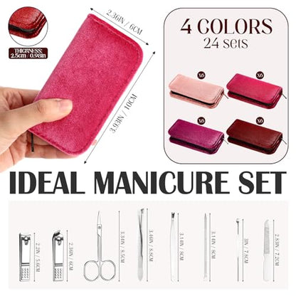 Coume 24 Sets Mini Manicure Set Bulk for Women Men Gifts for Coworkers Nail Grooming Kit 8 in 1 Nail Clippers Kit Luxurious Travel Case Stainless Steel Nails Clipper Set(Red Series) - color: Red Series