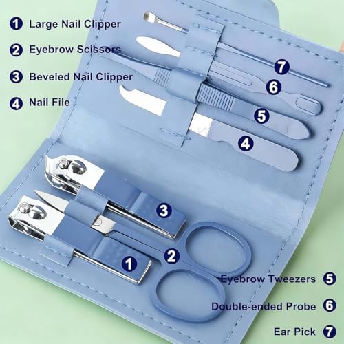 7-Pcs Professional Nail Kit & Complete Nail Clipper Set with Travel Leather Case, Includes Cuticle Trimmer & Nail Design Tools, Men & Women Fingernail Grooming Kit