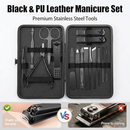 Manicure Kit for Women Men-Manicure Set with Case, Nail Clippers, Portable Nail Care Kit for Travel Home Personal Grooming（Black 16 in 1） - color: Black
