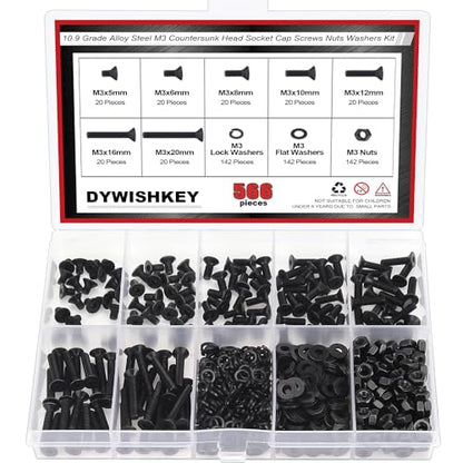 DYWISHKEY 566 Pieces M3 Black Screws, 10.9 Grade Alloy Steel M3x 5/6 /8/10 /12/16 /20mm Countersunk Head Socket Cap Screws Bolts Nuts Washers Assortment Kit - size: M3, style: Countersunk Head Socket Cap