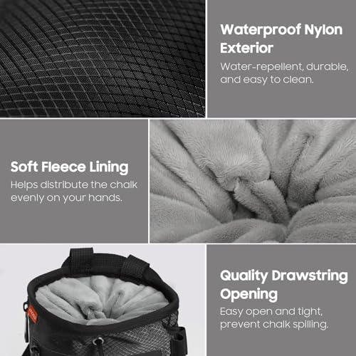 MoKo Climbing Chalk Bag with Chalk Brush, Waterproof Nylon Bouldering Chalk Bag Bucket with 2 Large Zippered Storage Pockets Drawstring Closure Adjustable Belt Chalk Bag for Climbing Gymnastics - color: Black, style: Straight
