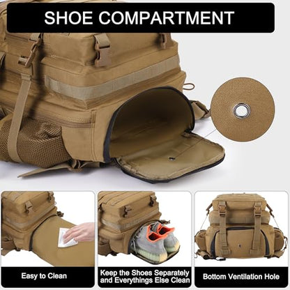 LHI Military Tactical Backpack for Men and Women 45L Army 3 Days Assault Pack Bag Large Rucksack with Shoe Compartment - color: 1.1 Khaki