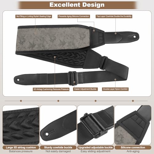 Guitar Straps for Electric Guitar Bass, Smooth Guitar Strap, 3" Wide Padded Straps with 3D Sponge Filling, Comes with 4 Picks + 2 Strap Locks + 1 Headstock Tie + 1 Tie Rope, Gray Flowers - color: Smooth Gray Flowers