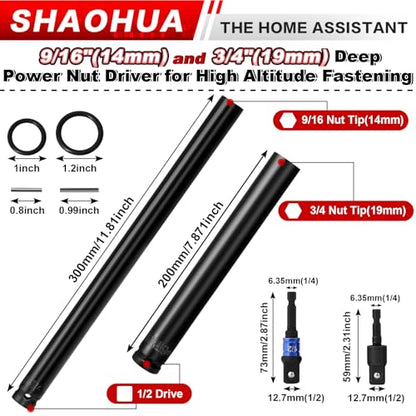 9/16"(14mm) Nut Driver 12" and 3/4"(19mm) 8" Deep Nut Runner Hollow Socket w/ 1/4" Hex Shank, 1/2" Drive Socket for Ceiling Long Threaded Rod Bolts/Ductwork, 2 Length for Overhead Fastening - size: D. 9/16(14mm) 12" and 3/4(19mm) 8"