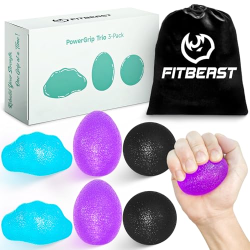 FitBeast Stress Balls for Adults, Hand Exercise Balls 6 Pack, Stress Relief & Grip Strength Trainer, Squishy Balls & Squeeze Balls for Arthritis, Carpal Tunnel, Hand Therapy with 3 Resistance Levels - color: Teal Blue, Amethyst Purple, Midnight Black