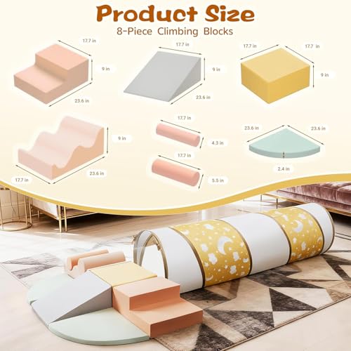 Climbing Toys for Toddlers, 9-Piece Soft Foam Climbing Blocks Set&Crawl Through Tunnel, Toddler Climbing Toys Indoor Foam Play Gym for Climbing Crawling and Sliding - style: 9-Piece