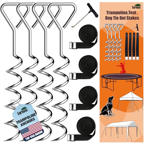 Eurmax USA 4-Pack Windproof Trampoline Stakes Anchor Kit-Steel Corkscrew Anchor,Heavy Duty Tie Down Kit with T-Hook&Reinforced Safety Straps,Secure Weatherproof Protection for Trampoline,Tent&Playset - color: Silver, style: Triangle Head