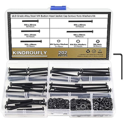 202 Pieces Black M4 x 30/35 /40/45 /50 mm Button Head Socket Cap Screws Nuts Washers Assortment Kit, 10.9 Grade Alloy Steel - size: M4 x 30/35/40/45/50mm, style: Button Head