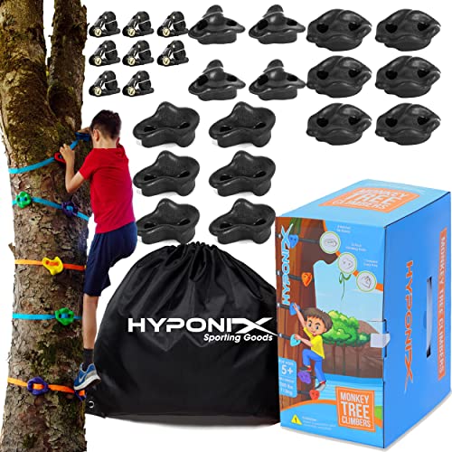 Hyponix Ninja Tree Climbing Kit – 16 Large Rock Holds & 8 Ratchets, 10-Minute Setup, Thicker Textured Grips, Supports 250lbs, CPC Certified Safety, Portable Bag – Backyard Fun & Ideal Gift for Kids - style: Black - Monkey Tree Climbers 2.0