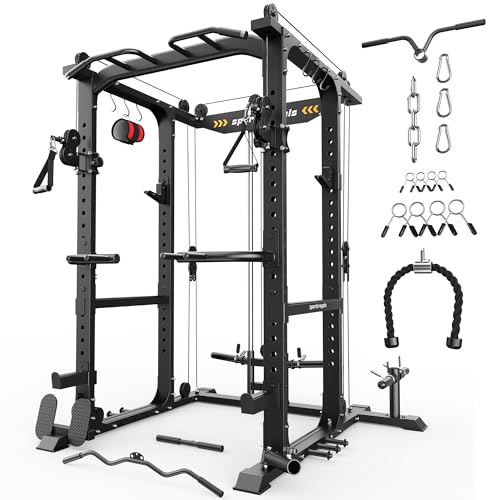SPORTSROYALS Power Rack, Multi-Functional Power Cage, Squat Rack with Pulley System & LAT Pull Down, Workout Cage with J Hooks for Home Gym - color: Black, style: Power Cage Only