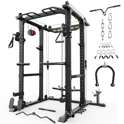 SPORTSROYALS Power Rack, Multi-Functional Power Cage, Squat Rack with Pulley System & LAT Pull Down, Workout Cage with J Hooks for Home Gym - color: Black, style: Power Cage Only
