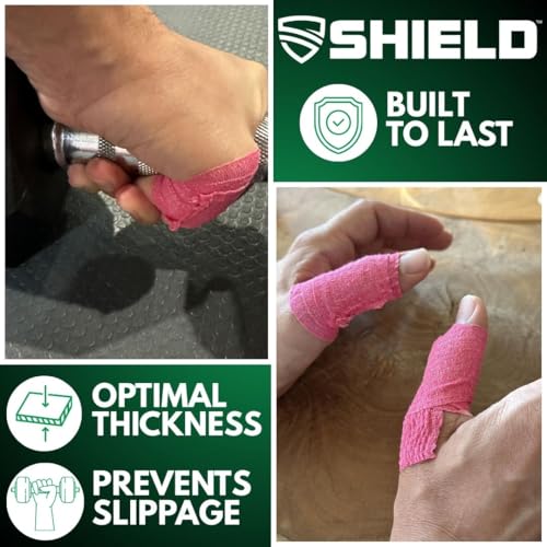 SHIELD | Weightlifting Tape - Made in USA, Hook Grip, Cross-Training, WOD Grip Tape 3-Pack– Durable, Non-Slip, Comfortable Stretchy Athletic Tape – Thumb, Wrist, Finger Protection (Pink) - color: Pink