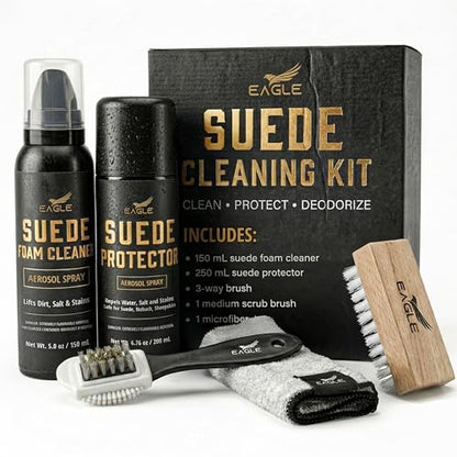 Eagle Suede & Nubuck Cleaning Kit – 5-Piece Set with Foam Suede Cleaner & Protector Spray, 3-Way Brush, Scrub Brush & Cloth – Suede Care Kit for Shoes & Boots- Compatible with Ugg Boots