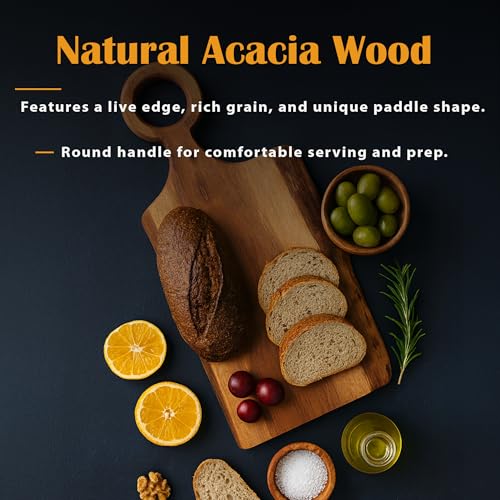 GoCraft Acacia Wood Live Edge Cutting Board – 17 x 8 Inch – with Round Handle – Paddle Shaped Rustic Cheese Board | Charcuterie Tray | Wooden Chopping Board for Kitchen | Food Serving & Display Tray