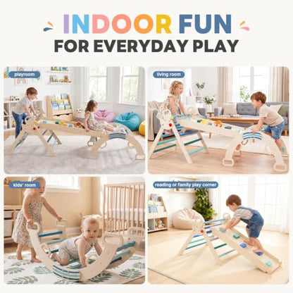 Pikler Triangle Set, 9-in-1 Foldable Montessori Climbing Toys for Toddlers, Wooden Indoor Playground with Climbing Arch, Reversible Ramp, Ladder, Toy Cars and Blocks, Blue - color: Blue