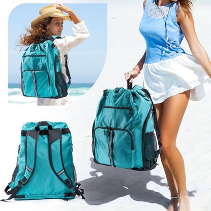 Large Beach Backpack Waterproof Sandproof - Customized Oversized Drawstring Pool Bag with Shoe Compartment for Toiletries, Towels, Gym, Travel - color: Teal, size: Large