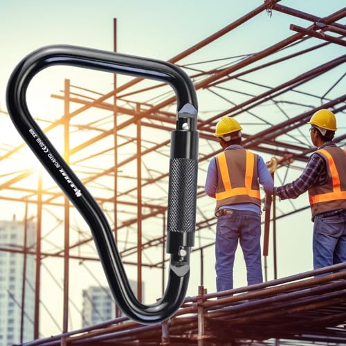25kN Large Aluminum Auto Locking Ladder Hook, Professional CE Certified Heavy Duty Carabiner for Tower, Fall Protection/Huge Opening Gate, Black
