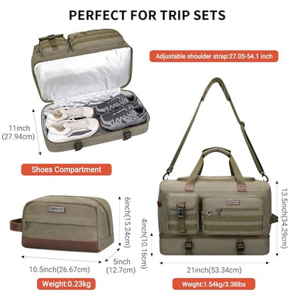 WITZMAN Duffle Bag for Men 50L Travel Canvas Weekender with Toiletry Bag | With Shoe Compartment and Dry-wet Pocket, Convertible, Carry On, One Duffel for Gym, Sports, Overnight, A8010/2 Army Green - color: Army Green