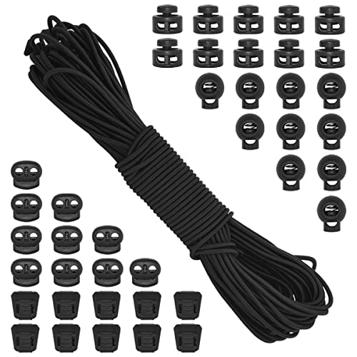BDS-HOME 40Pcs Plastic Cord Locks with 1/8-Inch 65ft Elastic Cord Stretch String Sing-Hole and Double-Hole Spring Toggle Stopper Slider for Drawstring, Shoelaces, Clothing, Backpack, Bags