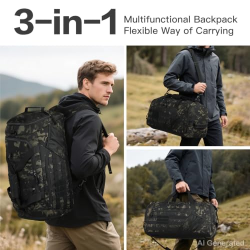 3-in-1 Tactical Gym & Travel Duffle Bag Backpack Men Multi-Functional 45L Military Sports Duffle Bag with Shoe Compartment & Wet Pocket for Workout Weekender Overnight Bag with Molle Webbing, Camo - color: Camo