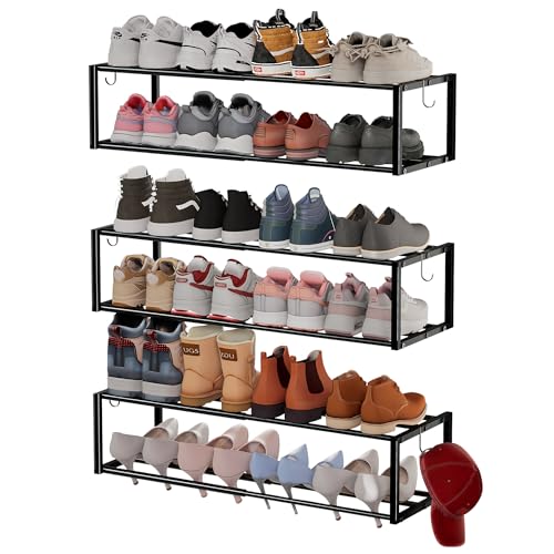 3 Pack Expandable Wall Mounted Shoe Rack, 17"-31" Adjustable Hanging Shoe Rack Holds 24 Pairs, Heavy Duty Metal Shoe Holder with 6 Storage Hooks, Space Saving for Entryway Closet Doorway（Black - color: Black, size: 3PACK