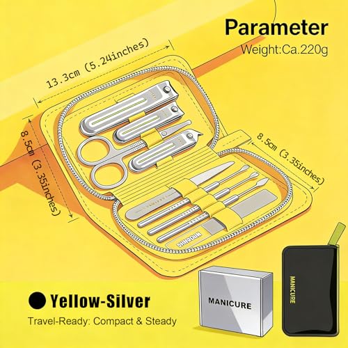 9-in-1 Manicure and Pedicure Kit for Men & Women, Travel Nail Clipper Set with Stainless Steel Tools & Glass Nail File, Portable Grooming Kit in PU Leather Case, Personal Care Gift - color: Yellow-Silver