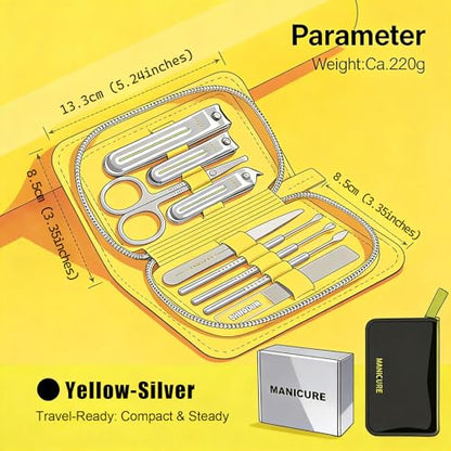 9-in-1 Manicure and Pedicure Kit for Men & Women, Travel Nail Clipper Set with Stainless Steel Tools & Glass Nail File, Portable Grooming Kit in PU Leather Case, Personal Care Gift - color: Yellow-Silver