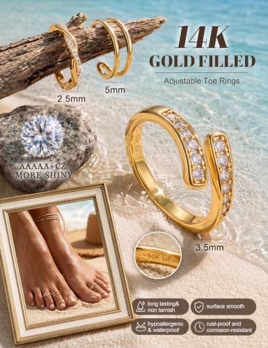 FIASASO 3Pcs Gold Filled Toe Rings for Women Non Tarnish 14K Gold Filled Toe Ring Adjustable Flower Cz Dainty Toe Ring Summer Beach Open Toe Rings Set Toe Jewelry Foot Jewelry - color: 14K Gold Filled twist