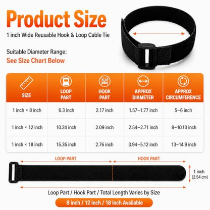 Ysenchan Hook & Loop Straps (20 Pack), Reusable Adjustable Nylon Cinch Cable Straps, Heavy Duty Hook and Loop Fastening Cable Ties for Cords & Cable Management – 1” x (8"-12"-18"), Black - size: (8-12-18) Inch