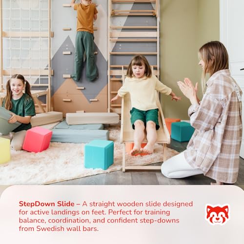 WoodandHearts 5in1 Modular Swedish Wall Gym Set for Kids Indoor Active Play – Wooden Swedish Ladder with Adjustable Pull-Up Bar, Rock Climbing and Slide (Base Set+Step-Down Slide+Sit-Up Bar) - style: Base Set + Step-Down Slide + Sit-Up Bar