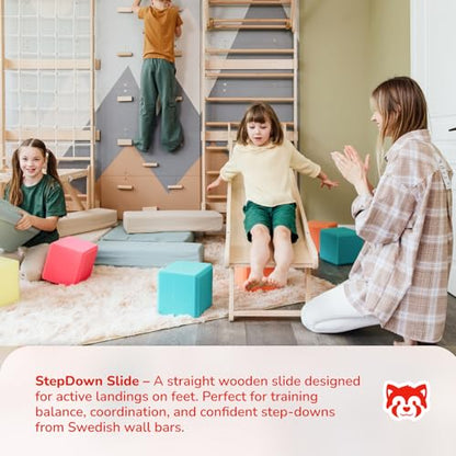 WoodandHearts 5in1 Modular Swedish Wall Gym Set for Kids Indoor Active Play – Wooden Swedish Ladder with Adjustable Pull-Up Bar, Rock Climbing and Slide (Base Set+Step-Down Slide+Sit-Up Bar) - style: Base Set + Step-Down Slide + Sit-Up Bar