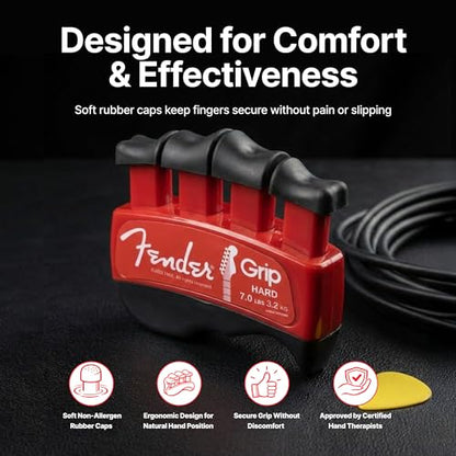 Fender GRIP Hand and Finger Exerciser – Best Ergonomic Finger Strengthener to improve play on all stringed instruments (Guitar, Bass, Violin, etc.) (Tensions: WHITE=5-Lbs; RED=7-Lbs; BLACK=9-Lbs) - color: Red