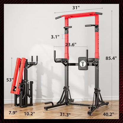 soges Foldable Power Tower Pull Up Bar Station with 6-Level Height Adjustment, Heavy Duty Free Standing Dip Station for Home Gym, Space-Saving Strength Training Equipment for Full Body Workout
