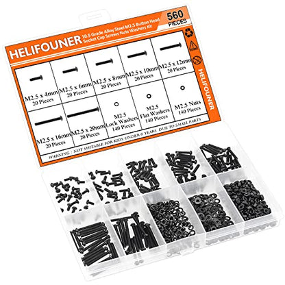 HELIFOUNER 560 Pieces M2.5 x 4mm /6mm /8mm /10mm /12mm /16mm /20mm, Button Head Socket Cap Screws Bolts Washers Nuts Kit, 10.9 Grade Alloy Steel, Full Threaded, Black - size: M2.5, style: Button Head
