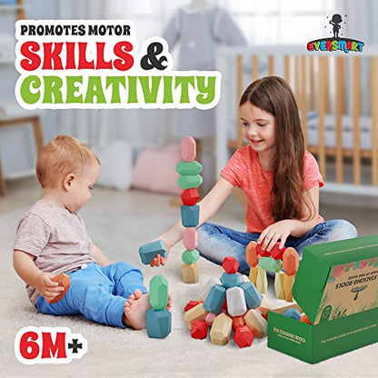 36 Pcs Wooden Stacking Blocks – Montessori Toys for 1 2 3 4 5 6 Year Old Toddlers and Kids, XL Rocks, No Choking Hazard – Sensory STEM Building Stones, for Girls and Boys - size: 36 XL Rocks