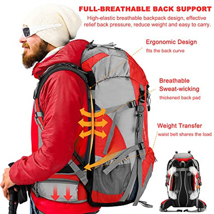 Loowoko 50L Hiking Backpack, Waterproof Camping Essentials Bag with Rain Cover, 45+5 Liter Lightweight Backpacking Back Pack - color: Red