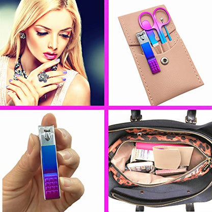 Manicure Set, Professional Women Nail Clippers Kit 4PCS, Stainless Steel Nail Cutter Care Tools Professional Grooming Kits, PU Leather Travel Case （Colorful） - color: Pink