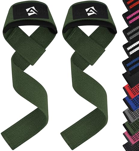 AQF Weight Lifting Straps, Padded Cotton Gym Wrist Straps for Deadlifts | 23" Extra-Long, Heavy-Duty Webbing, 5mm Neoprene Cushioning, Open-Loop Design, Sold as Pair, Ideal for Rows & Pull Workout - color: Military Green