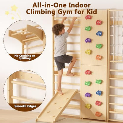 Cofiyard 9-in-1 Swedish Ladder Wall Gym & Climber, 94.5'' Wooden Wall-Mounted Climbing Set with Double-Sided Slide, Swing, Rope, Rings, Monkey Bars, Kids Indoor Playset, Wooden Climbing Jungle Gym