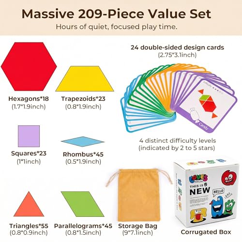 LovesTown 209 PCS Shapes Wooden Pattern Blocks for Kids, Geometric with Activity Cards and Storage Bag, Educational Tangram Puzzles,Great Learning Gift from Parents or Teachers - size: 230