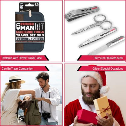 BLKSMITH Refined Man Manicure and Pedicure Kit Set of 5 - Manicure Kit for Men - Nail Clipper Kit with Nail File, Clippers, Scissors, Tweezer & Travel Case - Designed for Men (Brown/Navy) - color: Brown/Navy