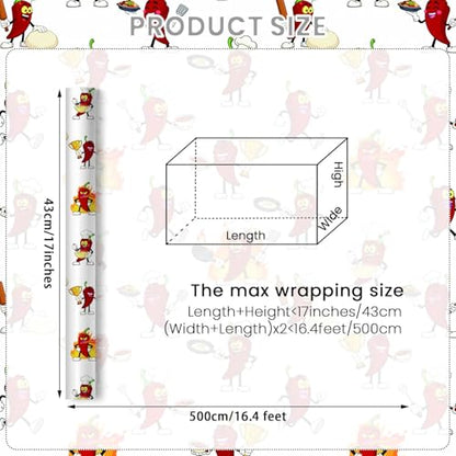 Liobelon Chili Cook Off Wrapping Paper Roll – 17" x 16.5 Ft Funny Chili Pepper Gift Wrap with Cartoon Chili Characters Cooking, Angry & Frying Egg for Taco Party, Western Theme, Birthday, Fiesta Party - color: Chili Cook Off