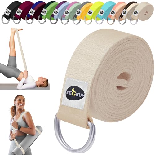 TECEUM 2 IN 1 Yoga & Mat Strap for Stretching – Cotton – 6/8/10 ft | Adjustable Non-Slip Belt in 30+ Colors for Yoga, Pilates, Physical Therapy, Fitness, Home Workouts and Carrying Mats - color: Beige, size: 10 ft