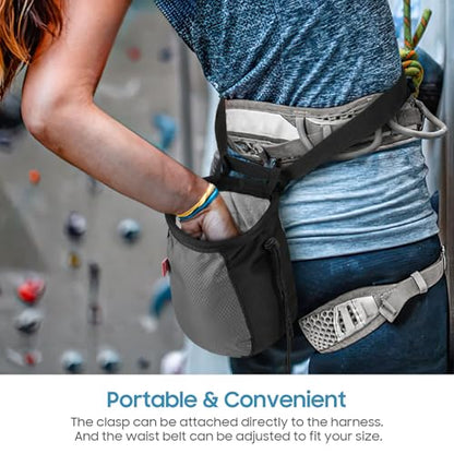 MoKo Climbing Chalk Bag with Chalk Brush, Waterproof Nylon Bouldering Chalk Bag Bucket with 2 Large Zippered Storage Pockets Drawstring Closure Adjustable Belt Chalk Bag for Climbing Gymnastics - color: Black+Grey, style: Cylindrical